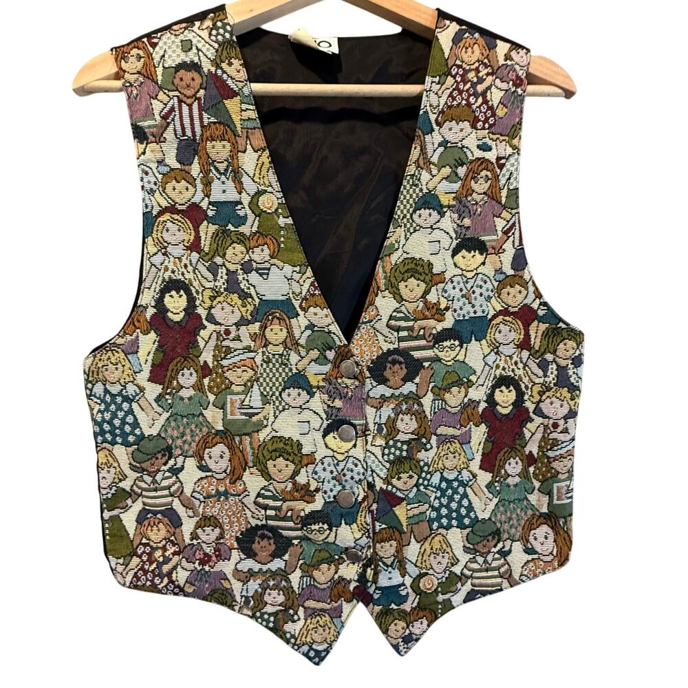 Vintage 80s 90s Clio Tapestry Woven Vest Kids International Children Collage M